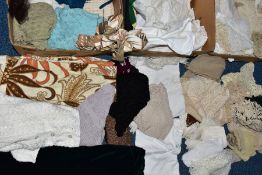 THREE BOXES OF VINTAGE CLOTHING AND TABLE LINENS, to include a box of skirts and knitwear in a range