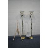 TWO MODERN BRASS STANDARD LAMPS, one with a work light, a table lamp and an artist's easel (4)