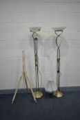 TWO MODERN BRASS STANDARD LAMPS, one with a work light, a table lamp and an artist's easel (4)