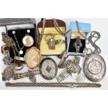 A BAG OF ASSORTED SILVER AND WHITE METAL ITEMS, to include a silver gate bracelet with a heart