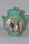 A VICTORIAN PRATTWARE SIMULATED MALACHITE TWIN HANDLE PHARMACY JAR AND COVERS OR POT POURRI, of