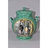 A VICTORIAN PRATTWARE SIMULATED MALACHITE TWIN HANDLE PHARMACY JAR AND COVERS OR POT POURRI, of