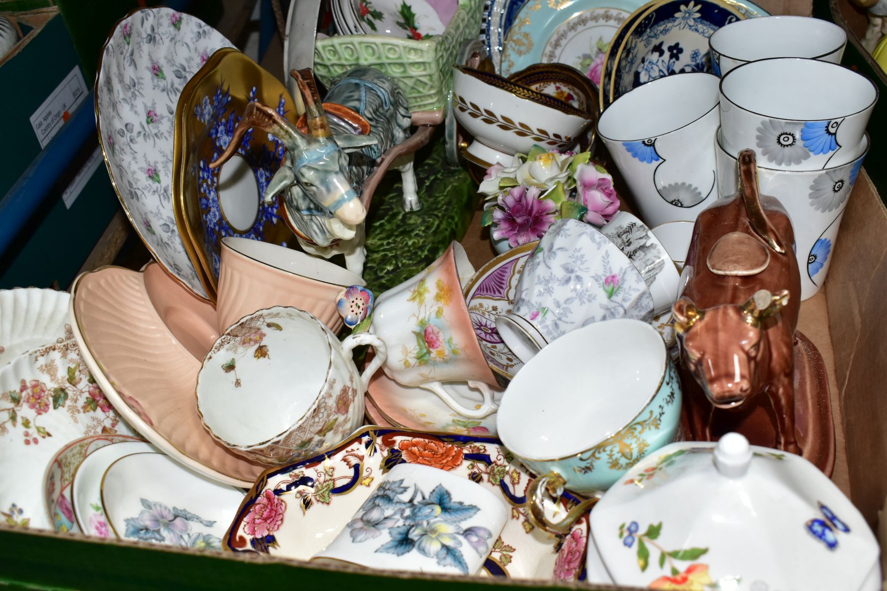 TWO BOXES OF CERAMICS, to include two Victorian Coalport gilt and blue plates, three Paragon cups - Image 3 of 7