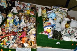 FOUR BOXES OF ORNAMENTS, DECORATIVE AND NOVELTY CERAMIC WARES to include a box of small animal