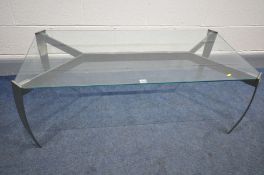 A MODERN GLASS TOP COFFEE TABLE on curved legs, width 117cm x 58cm x 44cm