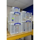 FIVE 'REALLY USEFUL BOXES' STORAGE BOXES, clear plastic stackable boxes with blue fastenings,