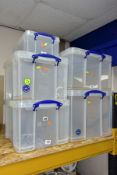 FIVE 'REALLY USEFUL BOXES' STORAGE BOXES, clear plastic stackable boxes with blue fastenings,