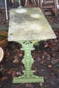A VICTORIAN CAST IRON GARDEN TABLE with a later marble top width 91cm depth 48cm height 73cm