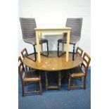 AN MODERN BEECH DINING TABLE, two grey leatherette chairs, along with oak gate leg table, and four
