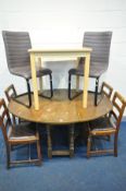 AN MODERN BEECH DINING TABLE, two grey leatherette chairs, along with oak gate leg table, and four