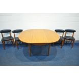 A SHREIBER TEAK EFFECT OVAL EXTENDING DINING TABLE, on cylindrical tapered legs, and four chairs (