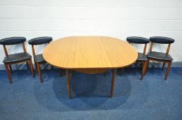 A SHREIBER TEAK EFFECT OVAL EXTENDING DINING TABLE, on cylindrical tapered legs, and four chairs (