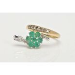 A SEVEN STONE DIAMOND RING AND A 9CT GOLD EMERALD AND DIAMOND PENDANT, the ring designed as a line