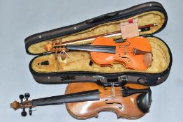 A CASED 1/10 SIZE 'THE STENTOR STUDENT I' VIOLIN, overall length 38cm, with a 44.5cm bow, and an