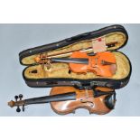 A CASED 1/10 SIZE 'THE STENTOR STUDENT I' VIOLIN, overall length 38cm, with a 44.5cm bow, and an