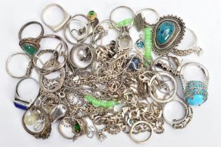 A BAG OF ASSORTED SILVER AND WHITE METAL JEWELLERY, to include six silver rings of varying designs