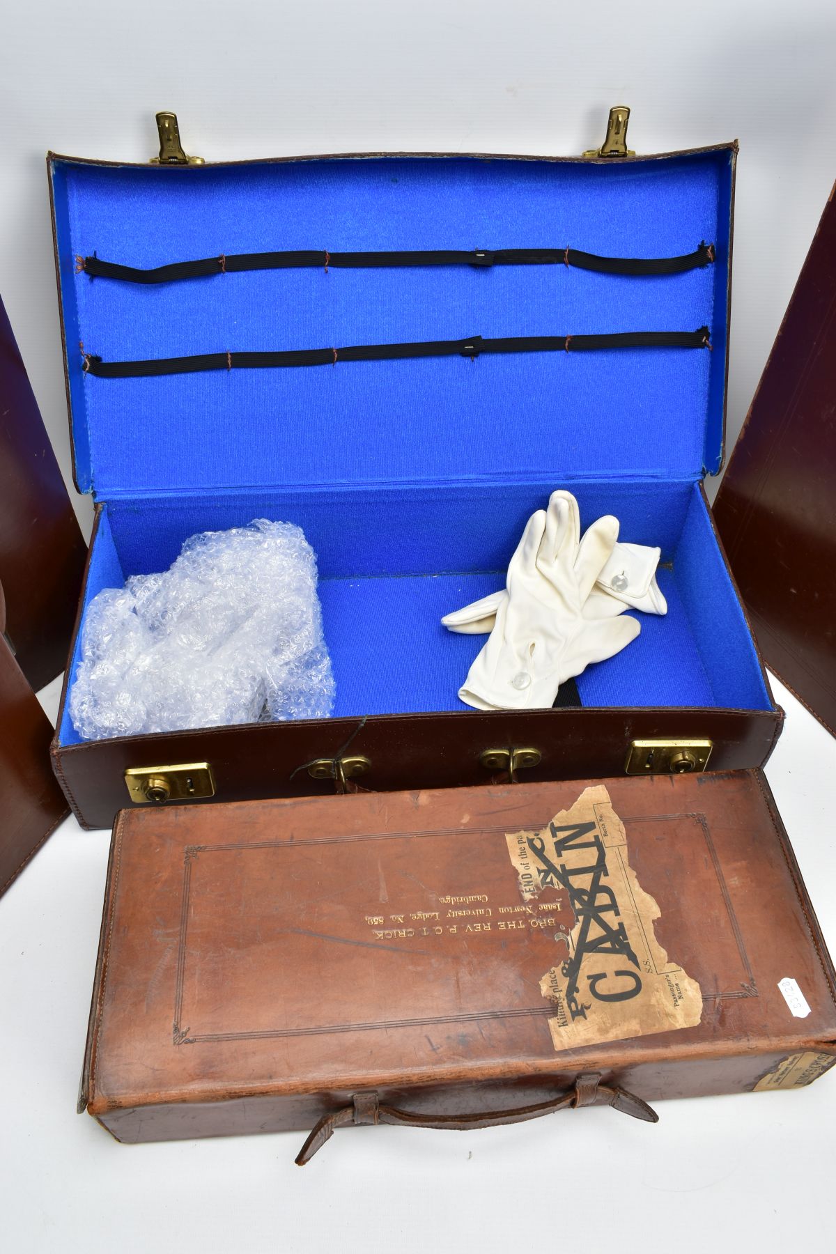 FIVE BROWN LEATHER MASONIC BRIEFCASES, five empty cases with three pairs of white gloves, four - Image 5 of 6