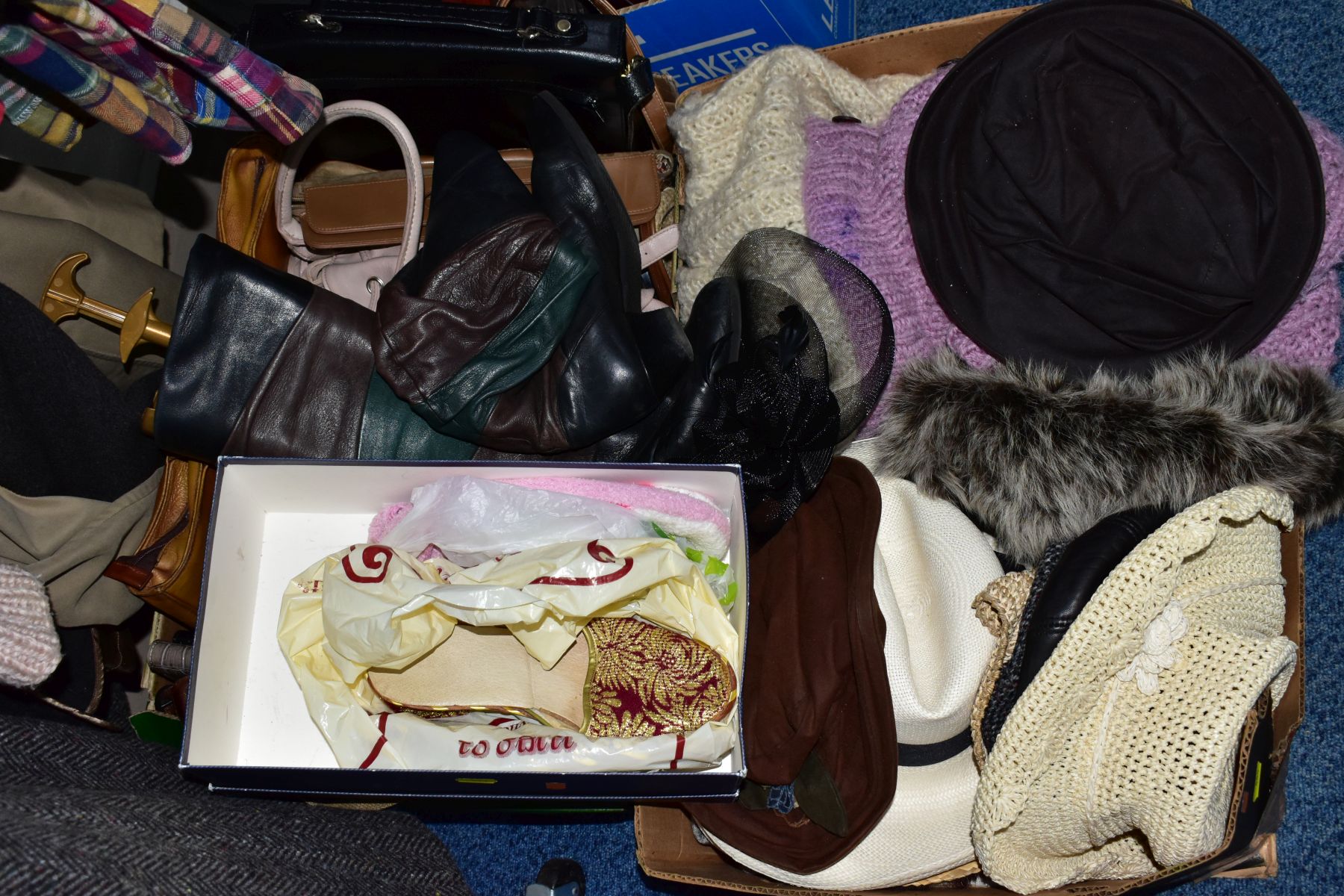 TWO BOXES AND LOOSE HATS, HANDBAGS, MILITARY MAP HOLDER AND TWENTY FOUR ITEMS OF MEN'S CLOTHING to - Image 2 of 14