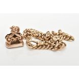A 9CT GOLD ALBERT CHAIN AND FOB, a graduating curb chain fitted with two bolt clasps and a lobster