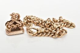 A 9CT GOLD ALBERT CHAIN AND FOB, a graduating curb chain fitted with two bolt clasps and a lobster