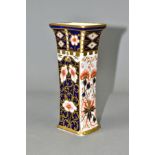 A ROYAL CROWN DERBY IMARI RECTANGULAR VASE, a tapering shape featuring painted and gilded Imari