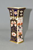 A ROYAL CROWN DERBY IMARI RECTANGULAR VASE, a tapering shape featuring painted and gilded Imari