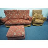 AN ERCOL RENAISSANCE TWO PIECE SUITE comprising a two seat settee, width 194cm, and an armchair,