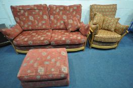 AN ERCOL RENAISSANCE TWO PIECE SUITE comprising a two seat settee, width 194cm, and an armchair,