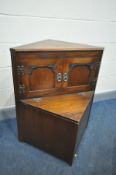 FIVE VARIOUS OAK FURNITURE, to include a lamp table with three drawers, an old charm lead glazed