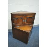 FIVE VARIOUS OAK FURNITURE, to include a lamp table with three drawers, an old charm lead glazed