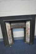 AN CAST IRON FIRE INSERT with floral tiles (no basket) width 97cm height 97cm