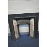 AN CAST IRON FIRE INSERT with floral tiles (no basket) width 97cm height 97cm