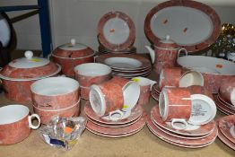 A FIFTY EIGHT PIECE VILLEROY & BOCH SIENA DINNER SERVICE, with a salmon pink, marble effect pattern,