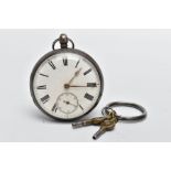 VICTORIAN SILVER POCKET WATCH AND KEYS, white face with black Roman numerals and subsidiary