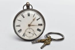 VICTORIAN SILVER POCKET WATCH AND KEYS, white face with black Roman numerals and subsidiary