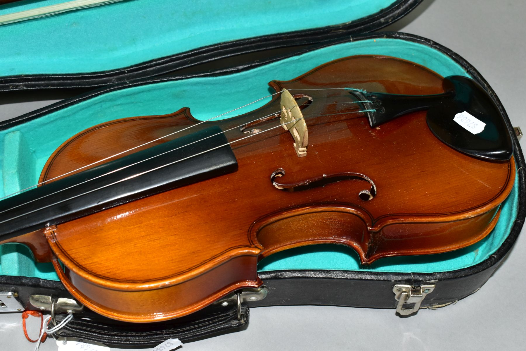 TWO STUDENT VIOLINS, BODY LENGTH APPROXIMATELY 35CM, one is a Chinese example with a Lark brand - Image 4 of 11
