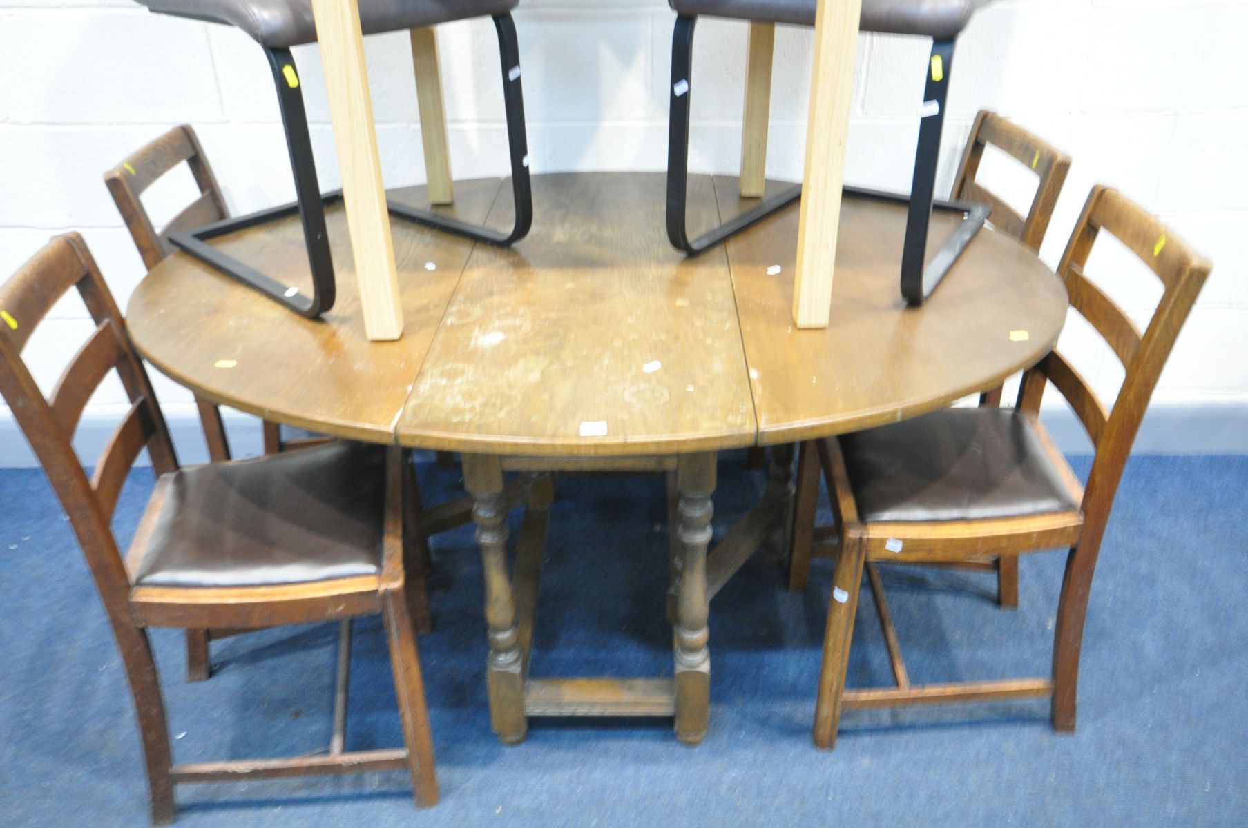 AN MODERN BEECH DINING TABLE, two grey leatherette chairs, along with oak gate leg table, and four - Image 3 of 3