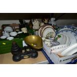 THREE BOXES AND LOOSE CERAMICS, GLASS, METALWARES, POSTCARDS AND SUNDRY ITEMS, to include a