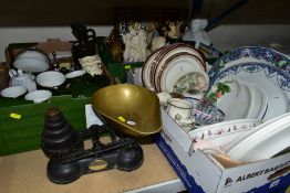 THREE BOXES AND LOOSE CERAMICS, GLASS, METALWARES, POSTCARDS AND SUNDRY ITEMS, to include a