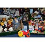 FOUR BOXES AND LOOSE DECORATIVE AND SUNDRY ITEMS ETC, to include eight novelty Bear sculptures,