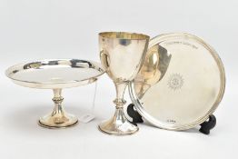 THREE SILVER ITEMS, to include a goblet of a plain polished design with an engraved motif, slight