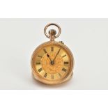 A YELLOW METAL OPEN FACE POCKET WATCH, round gold dial with a central floral design, Roman numerals,