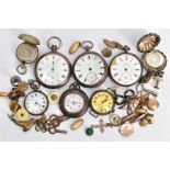 AN ASSORTMENT OF SILVER POCKET WATCHES, A WATCH HEAD WITH ADDITIONAL ITEMS, to include an open