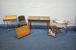 A QUANTITY OF CHILDRENS FURNITURE AND TOYS including a Triang Pushchair, a single child's desk