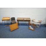 A QUANTITY OF CHILDRENS FURNITURE AND TOYS including a Triang Pushchair, a single child's desk