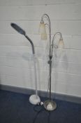 A MODERN STAINLESS STEEL STANDARD LAMP, height 159cm (working but one bulb not) and a modern work