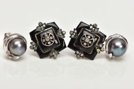 TWO PAIRS OF EARRINGS, the first each of a square black enamel openwork form, with single cut
