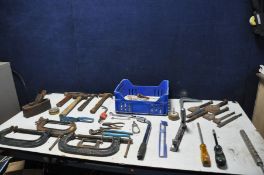 A TRAY OF TOOLS to include four Record G-clamps, a wooden block plane, chisels, hammers, files etc