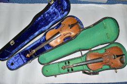 TWO STUDENT VIOLINS, BODY LENGTH APPROXIMATELY 36.5CM, both are unbranded and come with hard cases