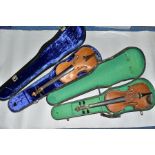 TWO STUDENT VIOLINS, BODY LENGTH APPROXIMATELY 36.5CM, both are unbranded and come with hard cases